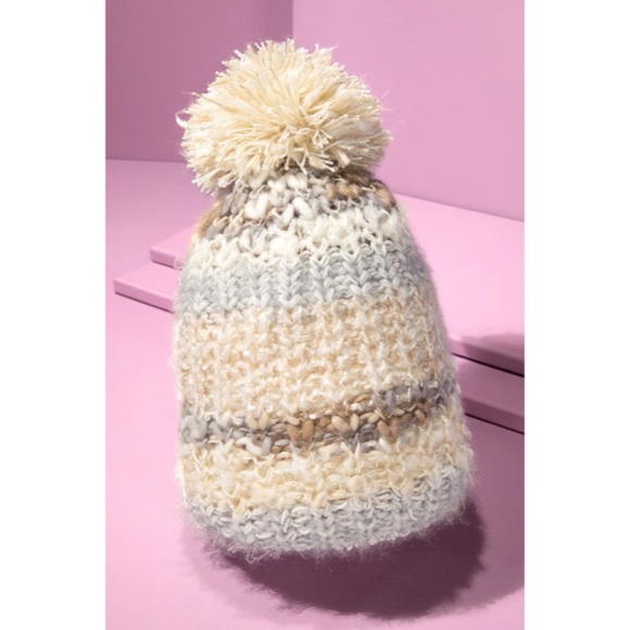 Ivory Cozy Knitted Striped Pompom Winter Knit Beanie Women's Hat - Picture 3 of 4